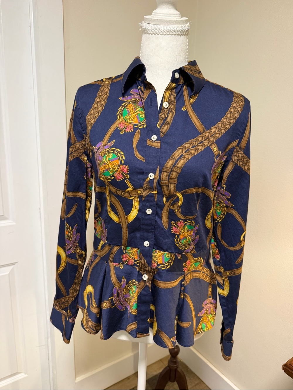 Ralph Lauren Navy Button-Front Blouse 100% Cotton Equestrian Print Horse Peppy
